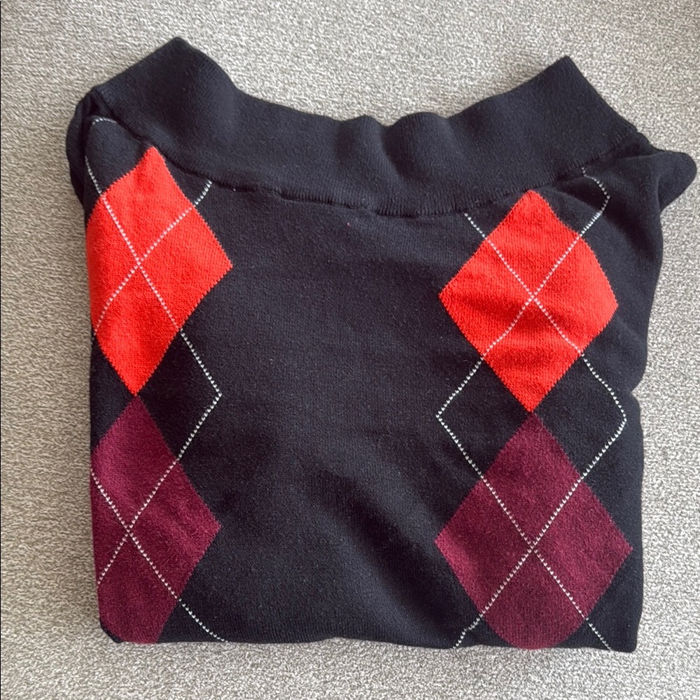 Express Black tunic Argyle Sweater with Red and Purple Accents